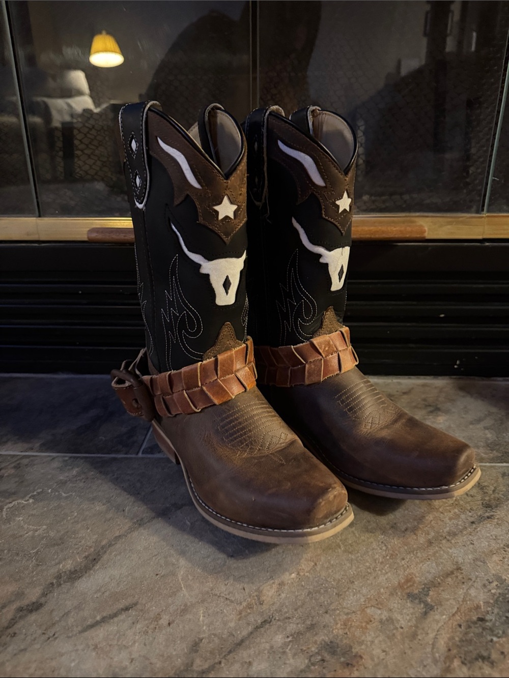 Kids Brown & Black Western Cowboy Boots with Star and Steer Design